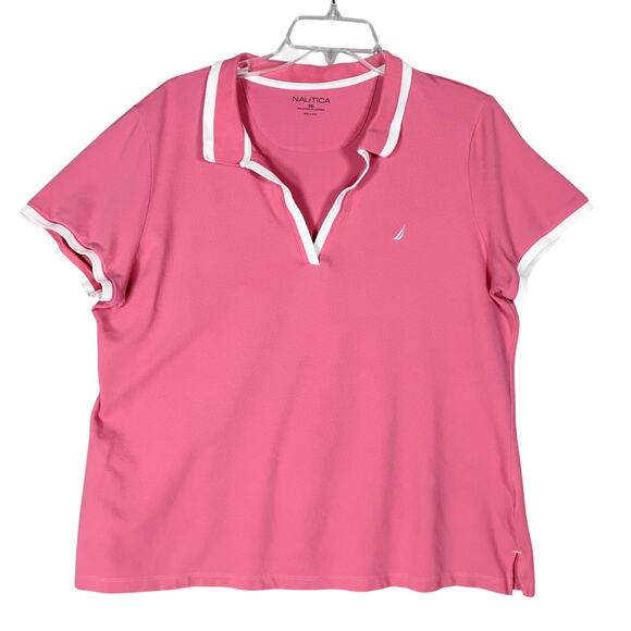 Nautica Polo Blouse Size XXL Pink Collared V Neck Short Sleeve White Trim - Picture 1 of 7